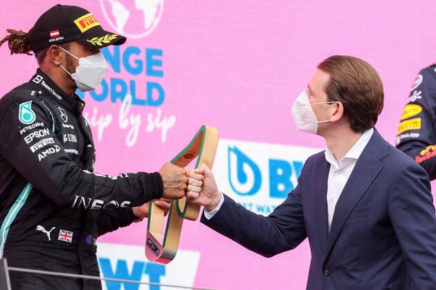 Formula 1 - GP of Styria 2021 SPIELBERG,AUSTRIA,27.JUN.21 - MOTORSPORTS, FORMULA 1 - Grand Prix of Styria, Red Bull Ring. Image shows Lewis Hamilton (GBR Mercedes) and chancellor Sebastian Kurz (Austria).  GEPAxpictures xChristianxWalgram