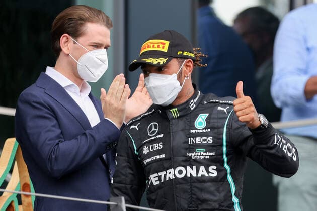 Formula 1 - GP of Styria 2021 SPIELBERG,AUSTRIA,27.JUN.21 - MOTORSPORTS, FORMULA 1 - Grand Prix of Styria, Red Bull Ring. Image shows chancellor Sebastian Kurz (Austria) and Lewis Hamilton (GBR Mercedes).  GEPAxpictures xChristianxWalgram