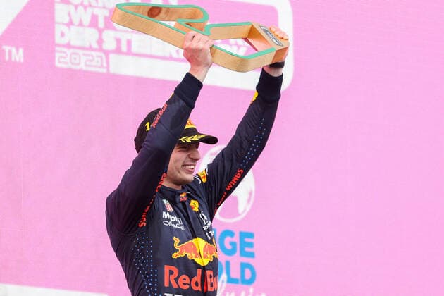 Formula 1 - GP of Styria 2021 SPIELBERG,AUSTRIA,27.JUN.21 - MOTORSPORTS, FORMULA 1 - Grand Prix of Styria, Red Bull Ring. Image shows the rejoicing of Max Verstappen (NED Red Bull Racing). Keywords: trophy.  GEPAxpictures xChristianxWalgram
