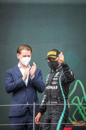 Formula 1 - GP of Styria 2021 SPIELBERG,AUSTRIA,27.JUN.21 - MOTORSPORTS, FORMULA 1 - Grand Prix of Styria, Red Bull Ring. Image shows chancellor of Austria Sebastian Kurz and Valtteri Bottas (FIN Mercedes).  GEPAxpictures xManfredxBinder