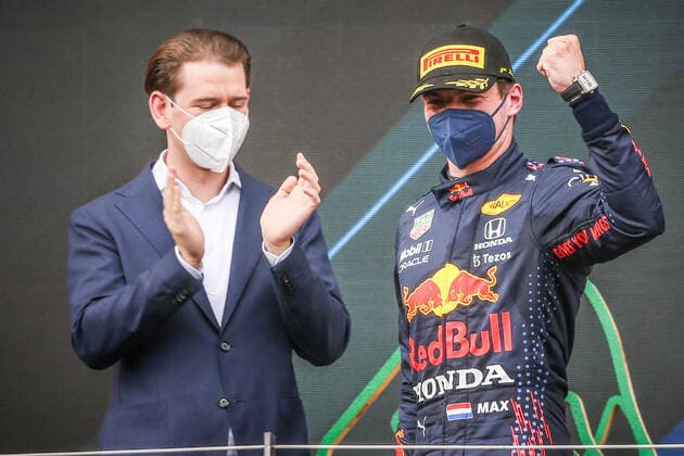 Formula 1 - GP of Styria 2021 SPIELBERG,AUSTRIA,27.JUN.21 - MOTORSPORTS, FORMULA 1 - Grand Prix of Styria, Red Bull Ring. Image shows chancellor of Austria Sebastian Kurz and Max Verstappen (NED Red Bull Racing).  GEPAxpictures xManfredxBinder