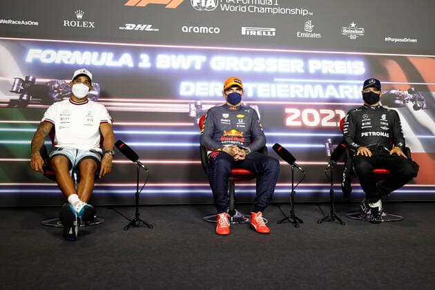 F1 Grand Prix of Styria 44 Lewis Hamilton (GBR, Mercedes-AMG Petronas F1 Team), 33 Max Verstappen (NED, Red Bull Racing), 77 Valtteri Bottas (FIN, Mercedes-AMG Petronas F1 Team), F1 Grand Prix of Styria at Red Bull Ring on June 27, 2021 in Spielberg, Austria. (Photo by Andy Hone LAT Motorsport Images FIA Pool via HOCH ZWEI) Spielberg Austria Poolfoto HOCH ZWEI Pool Motorsport Images ,EDITORIAL USE ONLY