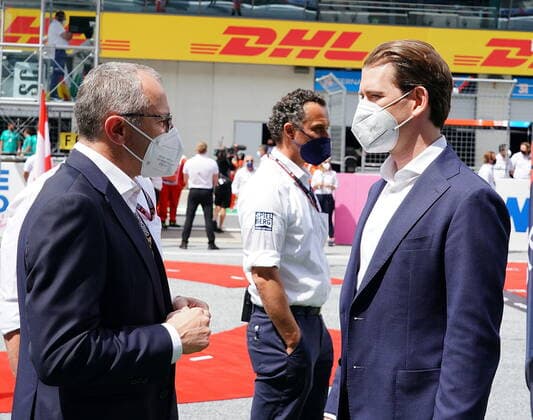 Formula 1 BWT Grand Prix of Styria 2021 27 06 2021, Red Bull Ring , Spielberg, Formula 1 BWT Grand Prix of Styria 2021 , in the picture CEO Stefano Domenicali Fiormel 1 in conversation with Chancellor Sebastian Kurz from Austria nordphotoxGmbHx xBratic nph00250