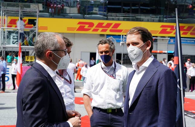 Formula 1 BWT Grand Prix of Styria 2021 27 06 2021, Red Bull Ring , Spielberg, Formula 1 BWT Grand Prix of Styria 2021 , in the picture CEO Stefano Domenicali Fiormel 1 in conversation with Chancellor Sebastian Kurz from Austria nordphotoxGmbHx xBratic nph00250