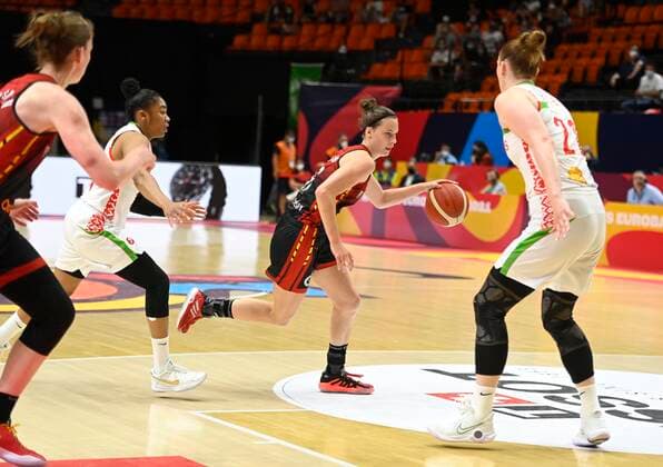 VALENCIA, SPAIN - JUNE 27: Antonia Delaere of Belgium pictured during FIBA Women s Eurobasket match between Belgium and Belarus on june 27, 2021 in Valencia ,Spain 27 06 2021 BASKET BALL FEMININ : Belgique vs Bielorussie - FIBA Women s Eurobasket - Petite finale - Valence - 27 06 2021 PhotoNews Panoramic 