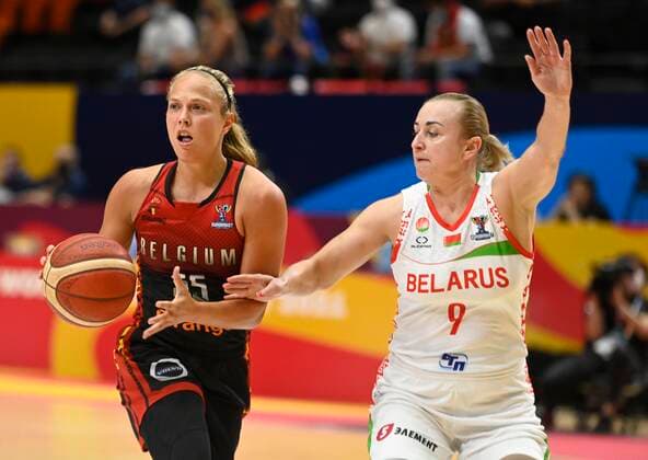 VALENCIA, SPAIN - JUNE 27: Julie Van Loo of Belgium pictured during FIBA Women s Eurobasket match between Belgium and Belarus on june 27, 2021 in Valencia ,Spain 27 06 2021 BASKET BALL FEMININ : Belgique vs Bielorussie - FIBA Women s Eurobasket - Petite finale - Valence - 27 06 2021 PhotoNews Panoramic 