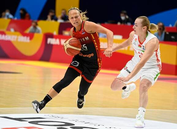 VALENCIA, SPAIN - JUNE 27: Julie Van Loo of Belgium pictured during FIBA Women s Eurobasket match between Belgium and Belarus on june 27, 2021 in Valencia ,Spain 27 06 2021 BASKET BALL FEMININ : Belgique vs Bielorussie - FIBA Women s Eurobasket - Petite finale - Valence - 27 06 2021 PhotoNews Panoramic 