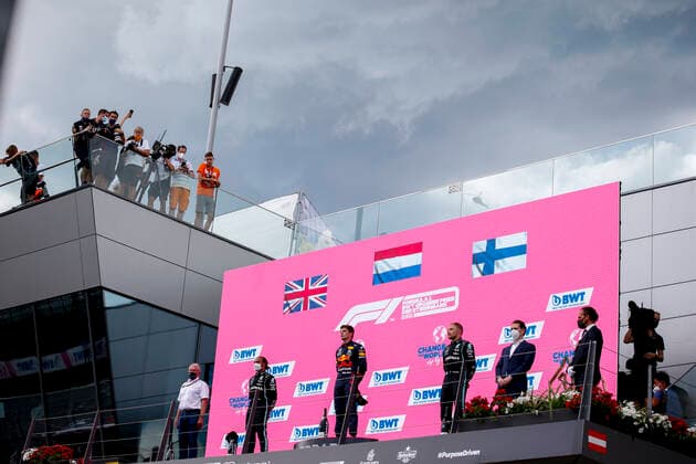 The podium: VERSTAPPEN Max (ned), Red Bull Racing Honda RB16B, HAMILTON Lewis (gbr), Mercedes AMG F1 GP W12 E Performance, BOTTAS Valtteri (fin), Mercedes AMG F1 GP W12 E Performance, portrait during the Formula 1 Grosser Preis Der Steiermark 2021, 2021 Styrian Grand Prix, 8th round of the 2021 FIA Formula One World Championship, WM, Weltmeisterschaft from June 25 to 27, 2021 on the Red Bull Ring, in Spielberg, Austria - FORMULE 1 : Grand prix de Styrie - Course - Spielberg - 27 06 2021 DPPI Panoramic 