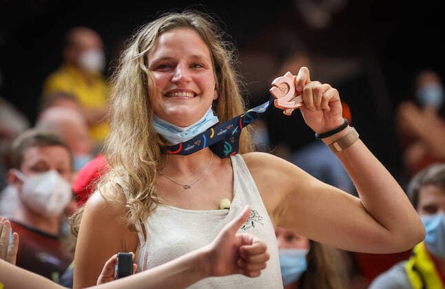 Belgian Cats Jana Raman celebrates after winning the Third Place Game between Belarus and Belgium s national women s basketball team The Belgian Cats, in Valencia, Spain, Sunday 27 June 2021. The Belgian Cats are in Spain for the second part of the FIBA Women s EuroBasket 2021 European Basketball championships, that take place from 17 to 27 June. VIRGINIExLEFOUR  x3020659x