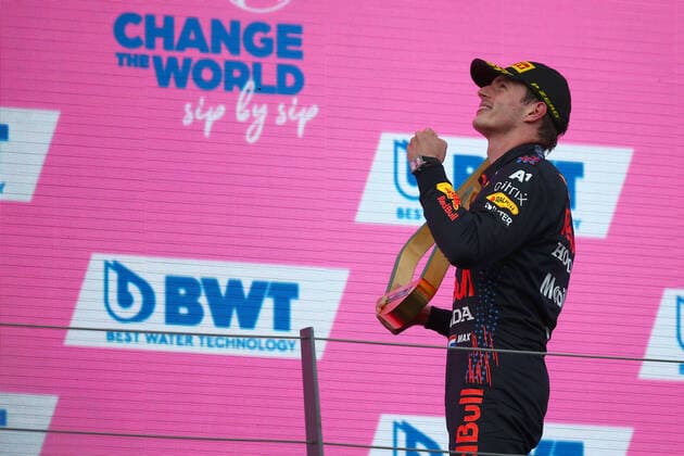 Formula 1 Styrian Gran Prix 2021 Max Verstappen of Red Bull Racing celebrate on the podium at the end of Styrian Gran Prix 2021 Spielberg Red Bull Ring Austria Copyright: xBasilex