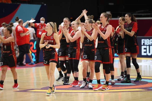 Belgian Cats players celebrate after winning the Third Place Game between Belarus and Belgium s national women s basketball team The Belgian Cats, in Valencia, Spain, Sunday 27 June 2021. The Belgian Cats are in Spain for the second part of the FIBA Women s EuroBasket 2021 European Basketball championships, that take place from 17 to 27 June. VIRGINIExLEFOUR  x3020713x