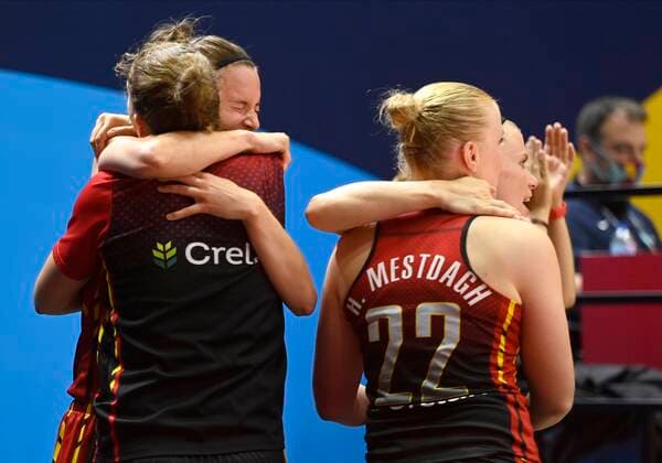 VALENCIA, SPAIN - JUNE 27: Belgian team finished as bronze medallist and celebrates the victory pictured during FIBA Women s Eurobasket match between Belgium and Belarus on june 27, 2021 in Valencia ,Spain 27 06 2021 BASKET BALL FEMININ : Belgique vs Bielorussie - FIBA Women s Eurobasket - Petite finale - Valence - 27 06 2021 PhotoNews Panoramic 