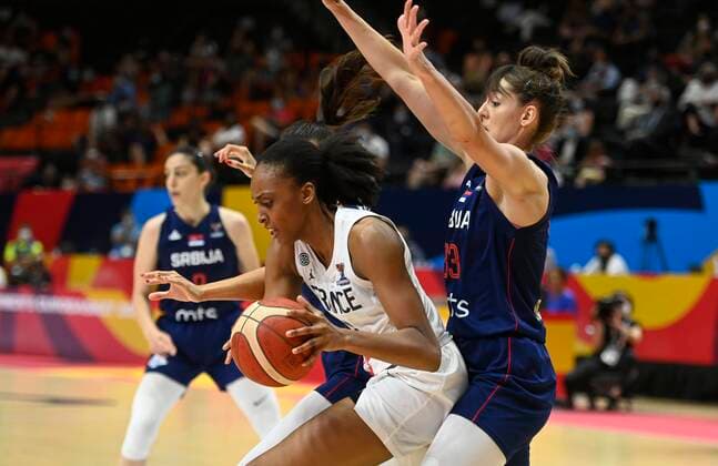 VALENCIA, SPAIN - JUNE 27: Sandrine Gruda of France and Tina Krajisnik of Serbia pictured during finale of FIBA Women s Eurobasket match between France and Serbia on june 27, 2021 in Valencia, Spain 27 06 2021 BASKET BALL FEMININ : France vs Serbie - FIBA Women s Eurobasket - Finale - Valence - 27 06 2021 PhotoNews Panoramic 
