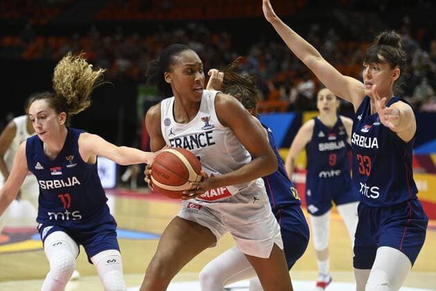 VALENCIA, SPAIN - JUNE 27: Sandrine Gruda of France and Tina Krajisnik of Serbia pictured during finale of FIBA Women s Eurobasket match between France and Serbia on june 27, 2021 in Valencia, Spain 27 06 2021 BASKET BALL FEMININ : France vs Serbie - FIBA Women s Eurobasket - Finale - Valence - 27 06 2021 PhotoNews Panoramic 