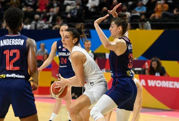 VALENCIA, SPAIN - JUNE 27: Helena Ciak of France and Tina Krajisnik of Serbia pictured during finale of FIBA Women s Eurobasket match between France and Serbia on june 27, 2021 in Valencia, Spain 27 06 2021 BASKET BALL FEMININ : France vs Serbie - FIBA Women s Eurobasket - Finale - Valence - 27 06 2021 PhotoNews Panoramic 