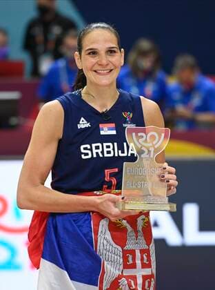 VALENCIA, SPAIN - JUNE 27: Sonja Vasic of Serbia is the best palyer of the tournament - the Serbian team celebrates the win pictured during finale of FIBA Women s Eurobasket match between France and Serbia on june 27, 2021 in Valencia, Spain 27 06 2021 BASKET BALL FEMININ : France vs Serbie - FIBA Women s Eurobasket - Finale - Valence - 27 06 2021 PhotoNews Panoramic 