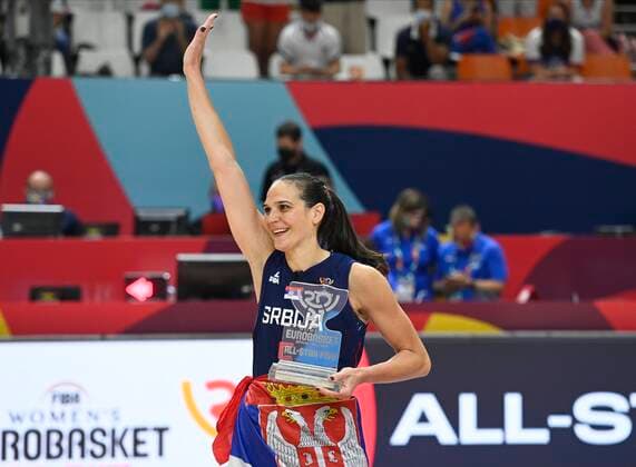 VALENCIA, SPAIN - JUNE 27: Sonja Vasic of Serbia is the best palyer of the tournament - the Serbian team celebrates the win pictured during finale of FIBA Women s Eurobasket match between France and Serbia on june 27, 2021 in Valencia, Spain 27 06 2021 BASKET BALL FEMININ : France vs Serbie - FIBA Women s Eurobasket - Finale - Valence - 27 06 2021 PhotoNews Panoramic 