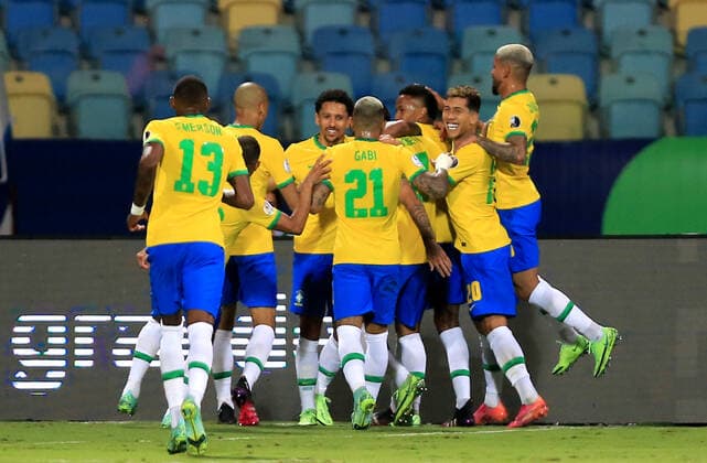 GOIANIA, BRAZIL - JUNE 27: Eder Militao of Brazil celebrates with his team mates after scores his goal ,during the match between Brazil and Ecuador as part of Conmebol Copa America Brazil 2021 at Estadio Olimpico on June 27, 2021 in Goiania, Brazil. SPO, SOC 