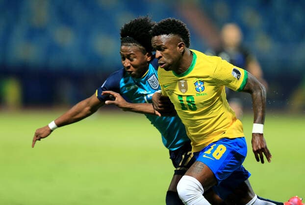 GOIANIA, BRAZIL - JUNE 27: Jose Vinicius Jr of Brazil competes with Angelo Preciado of Ecuador ,during the match between Brazil and Ecuador as part of Conmebol Copa America Brazil 2021 at Estadio Olimpico on June 27, 2021 in Goiania, Brazil. SPO, SOC 