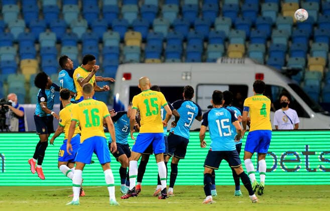 GOIANIA, BRAZIL - JUNE 27: Eder Militao of Brazil scores his goal ,during the match between Brazil and Ecuador as part of Conmebol Copa America Brazil 2021 at Estadio Olimpico on June 27, 2021 in Goiania, Brazil. SPO, SOC 
