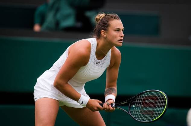 Mandatory Credit: Photo by Rob Prange Shutterstock (12172261v) Aryna Sabalenka of Belarus in acton during the first round of the 2021 Wimbledon Championships Grand Slam tennis tournament Wimbledon Tennis Championships, Day 1, The All England Lawn Tennis and Croquet Club, London, UK - 28 Jun 2021 Wimbledon Tennis Championships, Day 1, The All England Lawn Tennis and Croquet Club, London, UK - 28 Jun 2021  Copyright: xRobxPrange Shutterstockx 12172261v