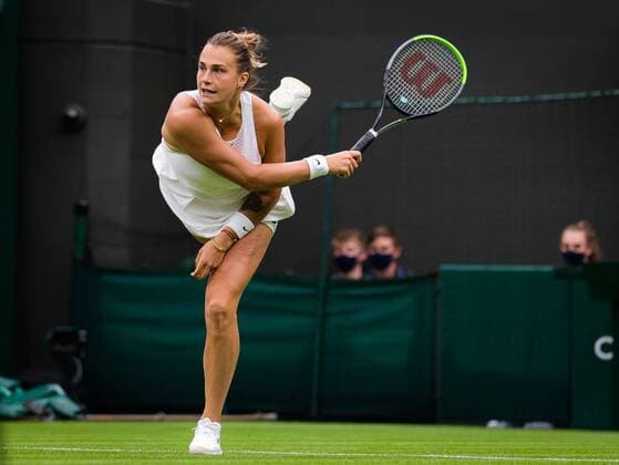 Mandatory Credit: Photo by Rob Prange Shutterstock (12172261p) Aryna Sabalenka of Belarus in acton during the first round of the 2021 Wimbledon Championships Grand Slam tennis tournament Wimbledon Tennis Championships, Day 1, The All England Lawn Tennis and Croquet Club, London, UK - 28 Jun 2021 Wimbledon Tennis Championships, Day 1, The All England Lawn Tennis and Croquet Club, London, UK - 28 Jun 2021  Copyright: xRobxPrange Shutterstockx 12172261p
