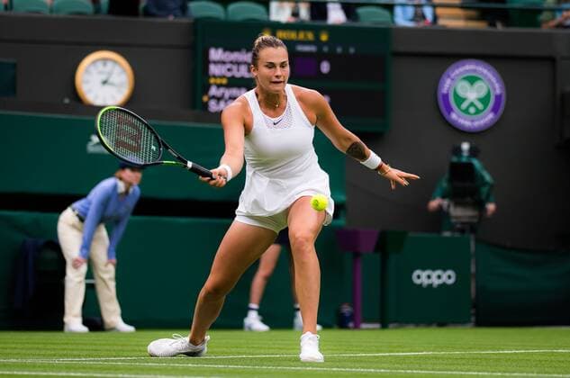 Mandatory Credit: Photo by Rob Prange Shutterstock (12172261g) Aryna Sabalenka of Belarus in acton during the first round of the 2021 Wimbledon Championships Grand Slam tennis tournament Wimbledon Tennis Championships, Day 1, The All England Lawn Tennis and Croquet Club, London, UK - 28 Jun 2021 Wimbledon Tennis Championships, Day 1, The All England Lawn Tennis and Croquet Club, London, UK - 28 Jun 2021  Copyright: xRobxPrange Shutterstockx 12172261g