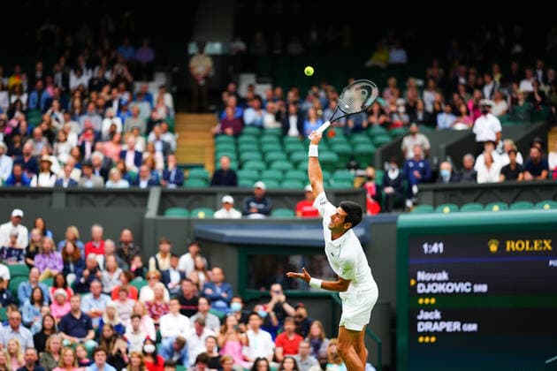 Mandatory Credit: Photo by Javier Garcia BPI Shutterstock (12172248bj) Novak Djokovic serving during his first round match. The first serve on Centre Court for two years Wimbledon Tennis Championships, Day 1, The All England Lawn Tennis and Croquet Club, London, UK - 28 Jun 2021 Wimbledon Tennis Championships, Day 1, The All England Lawn Tennis and Croquet Club, London, UK - 28 Jun 2021  Copyright: xJavierxGarcia BPI Shutterstockx 12172248bj