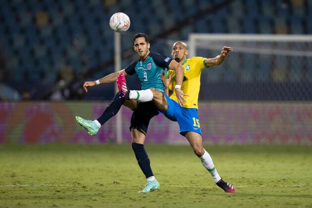 27th June 2021; Ol& xed;mpico Pedro Ludovico Teixeira Stadium, Goiania, Goias, Brazil; Copa America, Brazil versus Ecuador; Fabinho of Brazil and Leonardo Campana of Ecuador  ActionPlus12300347 LucasxFigueiredo