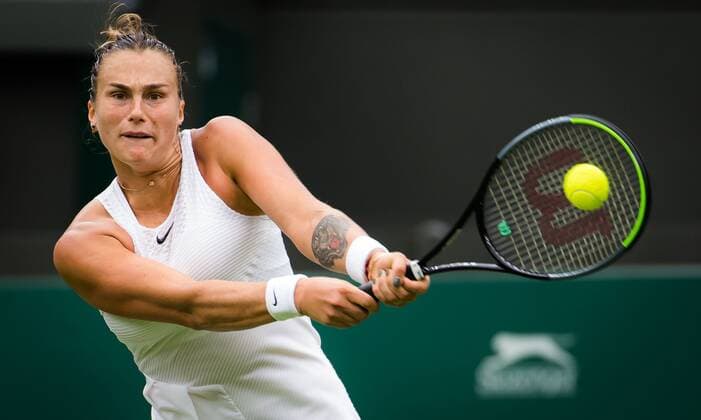 Mandatory Credit: Photo by Rob Prange Shutterstock (12172261ah) IAryna Sabalenka of Belarus in acton during the first round of the 2021 Wimbledon Championships Grand Slam tennis tournament Wimbledon Tennis Championships, Day 1, The All England Lawn Tennis and Croquet Club, London, UK - 28 Jun 2021 Wimbledon Tennis Championships, Day 1, The All England Lawn Tennis and Croquet Club, London, UK - 28 Jun 2021  Copyright: xRobxPrange Shutterstockx 12172261ah