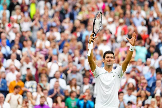 Mandatory Credit: Photo by Javier Garcia BPI Shutterstock (12172248gd) Novak Djokovic celebrates victory in his first round match Wimbledon Tennis Championships, Day 1, The All England Lawn Tennis and Croquet Club, London, UK - 28 Jun 2021 Wimbledon Tennis Championships, Day 1, The All England Lawn Tennis and Croquet Club, London, UK - 28 Jun 2021  Copyright: xJavierxGarcia BPI Shutterstockx 12172248gd