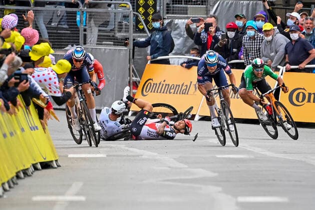 Belgian Tim Merlier of Alpecin-Fenix, Belgian Jasper Philipsen of Alpecin-Fenix, Italian Sonny Colbrelli of Bahrain Victorious sprint to the finish, as Slovakian Peter Sagan of Bora-Hansgrohe and Australian Caleb Ewan of Lotto Soudal crash at the third stage of the 108th edition of the Tour de France cycling race, 182,9km from Lorient to Pontivy, France, Monday 28 June 2021. This year s Tour de France takes place from 26 June to 18 July 2021. DAVIDxSTOCKMAN  x3022110x