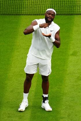 Mandatory Credit: Photo by Javier Garcia BPI Shutterstock (12172248jb) Frances Tiafoe celebrates victory in his first round match Wimbledon Tennis Championships, Day 1, The All England Lawn Tennis and Croquet Club, London, UK - 28 Jun 2021 Wimbledon Tennis Championships, Day 1, The All England Lawn Tennis and Croquet Club, London, UK - 28 Jun 2021  Copyright: xJavierxGarcia BPI Shutterstockx 12172248jb