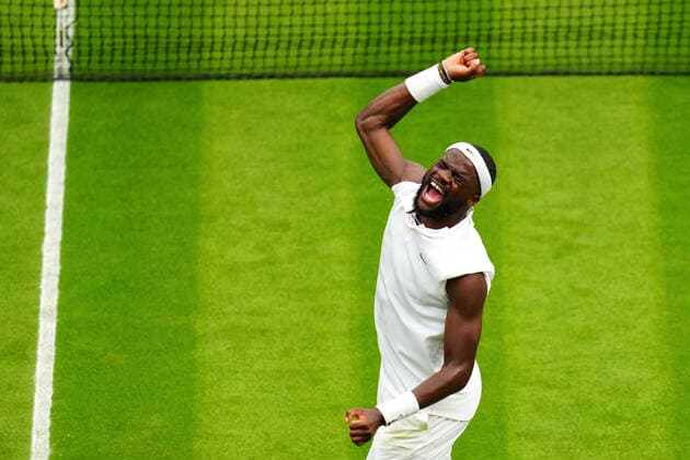 Mandatory Credit: Photo by Javier Garcia BPI Shutterstock (12172248ji) Frances Tiafoe celebrates victory in his first round match Wimbledon Tennis Championships, Day 1, The All England Lawn Tennis and Croquet Club, London, UK - 28 Jun 2021 Wimbledon Tennis Championships, Day 1, The All England Lawn Tennis and Croquet Club, London, UK - 28 Jun 2021  Copyright: xJavierxGarcia BPI Shutterstockx 12172248ji