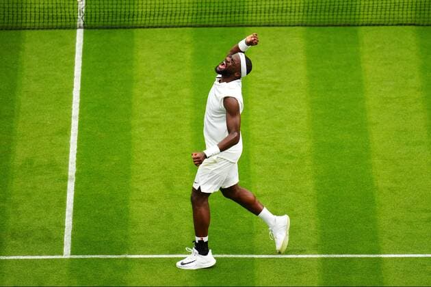 Mandatory Credit: Photo by Javier Garcia BPI Shutterstock (12172248jo) Frances Tiafoe celebrates victory in his first round match Wimbledon Tennis Championships, Day 1, The All England Lawn Tennis and Croquet Club, London, UK - 28 Jun 2021 Wimbledon Tennis Championships, Day 1, The All England Lawn Tennis and Croquet Club, London, UK - 28 Jun 2021  Copyright: xJavierxGarcia BPI Shutterstockx 12172248jo