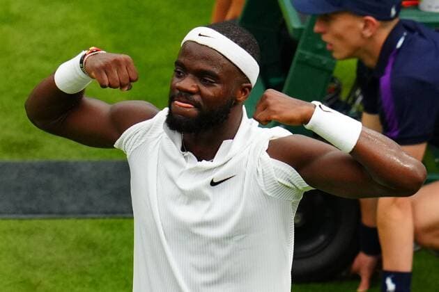 Mandatory Credit: Photo by Javier Garcia BPI Shutterstock (12172248jt) Frances Tiafoe celebrates victory in his first round match Wimbledon Tennis Championships, Day 1, The All England Lawn Tennis and Croquet Club, London, UK - 28 Jun 2021 Wimbledon Tennis Championships, Day 1, The All England Lawn Tennis and Croquet Club, London, UK - 28 Jun 2021  Copyright: xJavierxGarcia BPI Shutterstockx 12172248jt