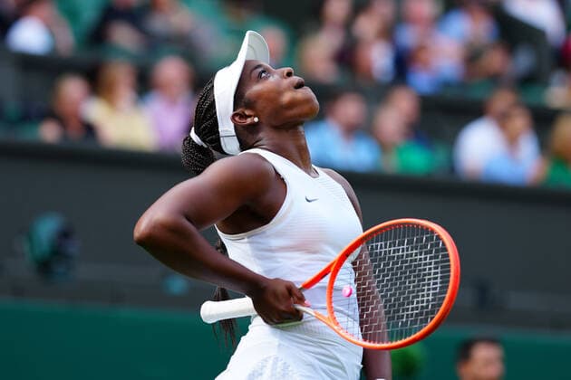 Mandatory Credit: Photo by Javier Garcia BPI Shutterstock (12172248ll) Sloane Stephens waits for a line call before celebrating victory in her first round match Wimbledon Tennis Championships, Day 1, The All England Lawn Tennis and Croquet Club, London, UK - 28 Jun 2021 Wimbledon Tennis Championships, Day 1, The All England Lawn Tennis and Croquet Club, London, UK - 28 Jun 2021  Copyright: xJavierxGarcia BPI Shutterstockx 12172248ll