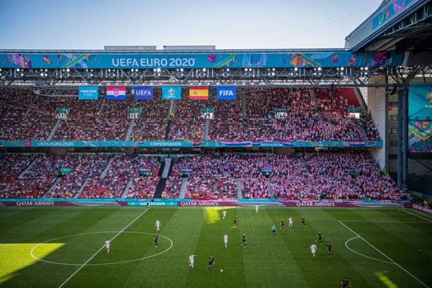 210628 General view of Parken Stadium during the UEFA Euro 2020 Football Championship round of 16 match between Croatia and Spain on June 28, 2021 in Copenhagen Photo Petter Arvidson BILDBYRAN kod PA PA0227 fotboll football soccer fotball fotbolls em europamästerskap em uefa euro uefa european football championship euro 2020 sverige sweden sverige a attondelsfinal round of 16 croatia croatia spain bbeng,  Copyright: PETTERxARVIDSON BB210628PA192