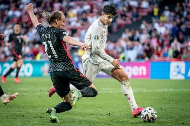 Alvaro Morata and Domagoj Vida during the EC 1 8 final between Croatia and Spain in the Park in Copenhagen, Monday 28 June 2021, Copenhagen Denmark  Copyright: RitzauxScanpix MadsxClausxRasmussenx COP101 spdk20210628-214404-L