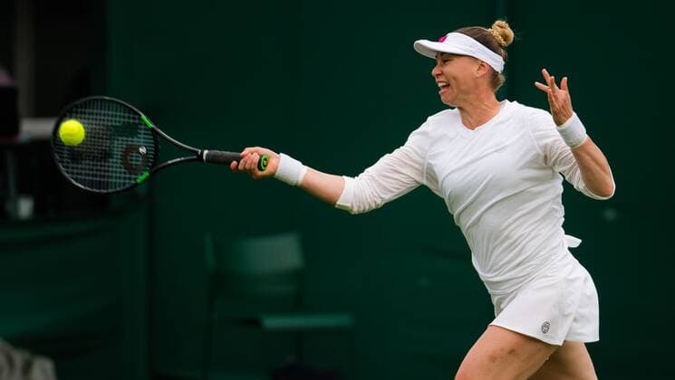 Mandatory Credit: Photo by Rob Prange Shutterstock (12172261dv) Vera Zvonareva of Russia in action during the first round of the 2021 Wimbledon Championships Grand Slam tennis tournament Wimbledon Tennis Championships, Day 1, The All England Lawn Tennis and Croquet Club, London, UK - 28 Jun 2021 Wimbledon Tennis Championships, Day 1, The All England Lawn Tennis and Croquet Club, London, UK - 28 Jun 2021  Copyright: xRobxPrange Shutterstockx 12172261dv