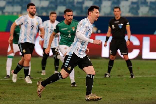 Lionel Messi of Argentina celebrates after scoring a penalty today during the Copa America group A soccer match between Bolivia and Argentina at Arena Pantanal stadium in Cuiaba, Brazil, 28 June 2021. Bolivia vs. Argentina !ACHTUNG: NUR REDAKTIONELLE NUTZUNG!  Copyright: xRaulxMartinezx AME8972 20210629-30b82cfce828f201c57997533891973059a30c21