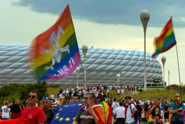 Supporters distribute rainbow flag to football fans Before the European Championship match Germany Hungary in front of the Allianz Arena in Munich St Pauli Querdenker Date 23 06 2021