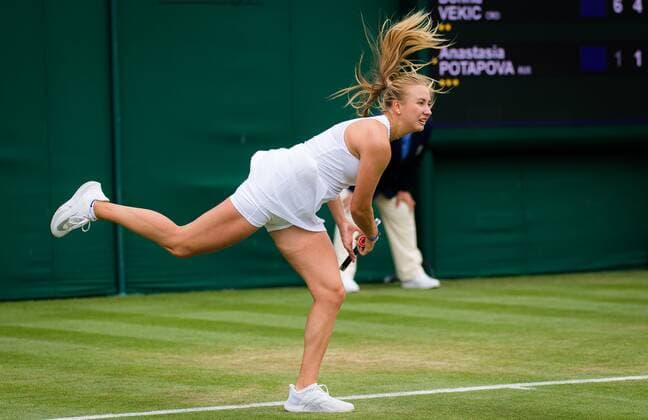 Mandatory Credit: Photo by Rob Prange Shutterstock (12173634at) Anastasia Potapova of Russia in action during the first round of the 2021 Wimbledon Championships Grand Slam tennis tournament Wimbledon Tennis Championships, Day 2, The All England Lawn Tennis and Croquet Club, London, UK - 29 Jun 2021 Wimbledon Tennis Championships, Day 2, The All England Lawn Tennis and Croquet Club, London, UK - 29 Jun 2021  Copyright: xRobxPrange Shutterstockx 12173634at