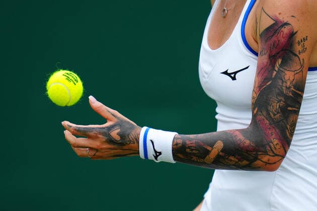 Mandatory Credit: Photo by Javier Garcia BPI Shutterstock (12173633ad) The tattoos of Tereza Martincova during her first round match Wimbledon Tennis Championships, Day 2, The All England Lawn Tennis and Croquet Club, London, UK - 29 Jun 2021 Wimbledon Tennis Championships, Day 2, The All England Lawn Tennis and Croquet Club, London, UK - 29 Jun 2021  Copyright: xJavierxGarcia BPI Shutterstockx 12173633ad