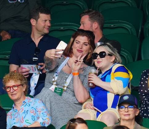 Mandatory Credit: Photo by Javier Garcia BPI Shutterstock (12173633bi) Dermot O Leary, Camilla Whitehill and Nicola Coughlan watching the action on Centre Court Wimbledon Tennis Championships, Day 2, The All England Lawn Tennis and Croquet Club, London, UK - 29 Jun 2021 Wimbledon Tennis Championships, Day 2, The All England Lawn Tennis and Croquet Club, London, UK - 29 Jun 2021  Copyright: xJavierxGarcia BPI Shutterstockx 12173633bi