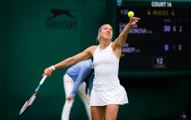 Mandatory Credit: Photo by Rob Prange Shutterstock (12173634bq) Kaia Kanepi of Estonia in action during the first round of the 2021 Wimbledon Championships Grand Slam tennis tournament Wimbledon Tennis Championships, Day 2, The All England Lawn Tennis and Croquet Club, London, UK - 29 Jun 2021 Wimbledon Tennis Championships, Day 2, The All England Lawn Tennis and Croquet Club, London, UK - 29 Jun 2021  Copyright: xRobxPrange Shutterstockx 12173634bq
