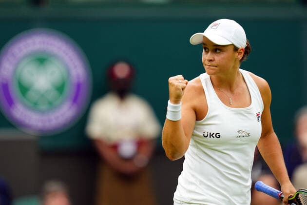 Mandatory Credit: Photo by Javier Garcia BPI Shutterstock (12173633dg) Ashleigh Barty celebrates breaking serve during her first round match Wimbledon Tennis Championships, Day 2, The All England Lawn Tennis and Croquet Club, London, UK - 29 Jun 2021 Wimbledon Tennis Championships, Day 2, The All England Lawn Tennis and Croquet Club, London, UK - 29 Jun 2021  Copyright: xJavierxGarcia BPI Shutterstockx 12173633dg