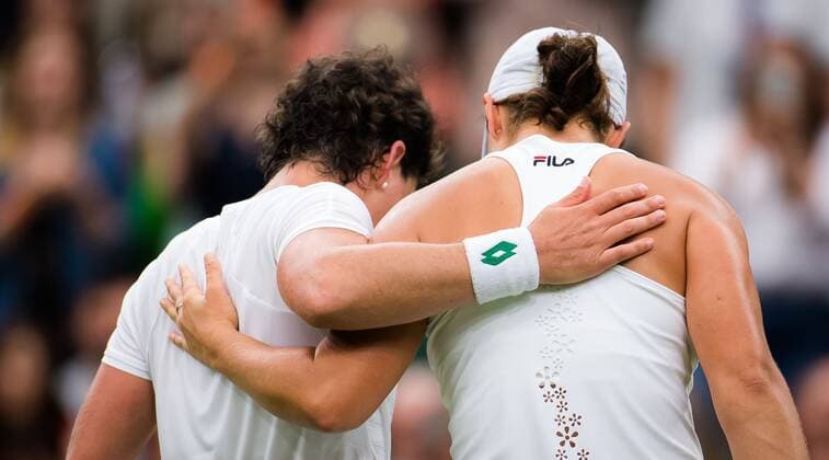 Mandatory Credit: Photo by Rob Prange Shutterstock (12173634dd) Carla Suarez Navarro of Spain & Ashleigh Barty of Australia at the net after the first round of the 2021 Wimbledon Championships Grand Slam tennis tournament Wimbledon Tennis Championships, Day 2, The All England Lawn Tennis and Croquet Club, London, UK - 29 Jun 2021 Wimbledon Tennis Championships, Day 2, The All England Lawn Tennis and Croquet Club, London, UK - 29 Jun 2021  Copyright: xRobxPrange Shutterstockx 12173634dd