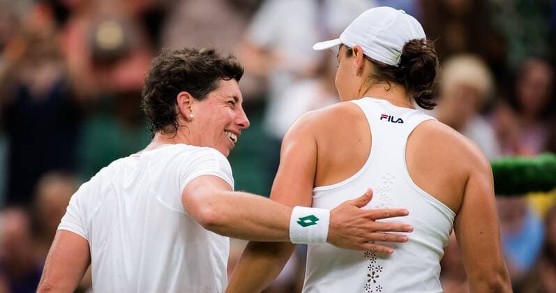Mandatory Credit: Photo by Rob Prange Shutterstock (12173634da) Carla Suarez Navarro of Spain & Ashleigh Barty of Australia at the net after the first round of the 2021 Wimbledon Championships Grand Slam tennis tournament Wimbledon Tennis Championships, Day 2, The All England Lawn Tennis and Croquet Club, London, UK - 29 Jun 2021 Wimbledon Tennis Championships, Day 2, The All England Lawn Tennis and Croquet Club, London, UK - 29 Jun 2021  Copyright: xRobxPrange Shutterstockx 12173634da