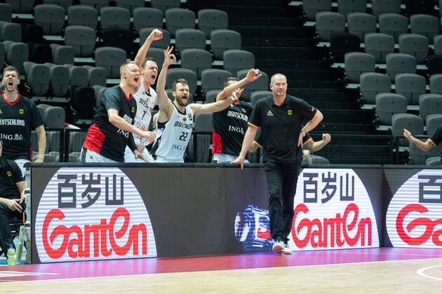 Basketball Split 29 06 2021 Olympic Qualification FIBA Olympic Qualifying Tournament 2020 Group Stage, Group A Germany GER Mexico MEX cheers germany Robin Benzing Germany, No 12 Johannes Voigtmann Germany, No 07 Danilo Barthel Germany, No 22 Henrik Rödl Germany, national coach Rodl Roedl